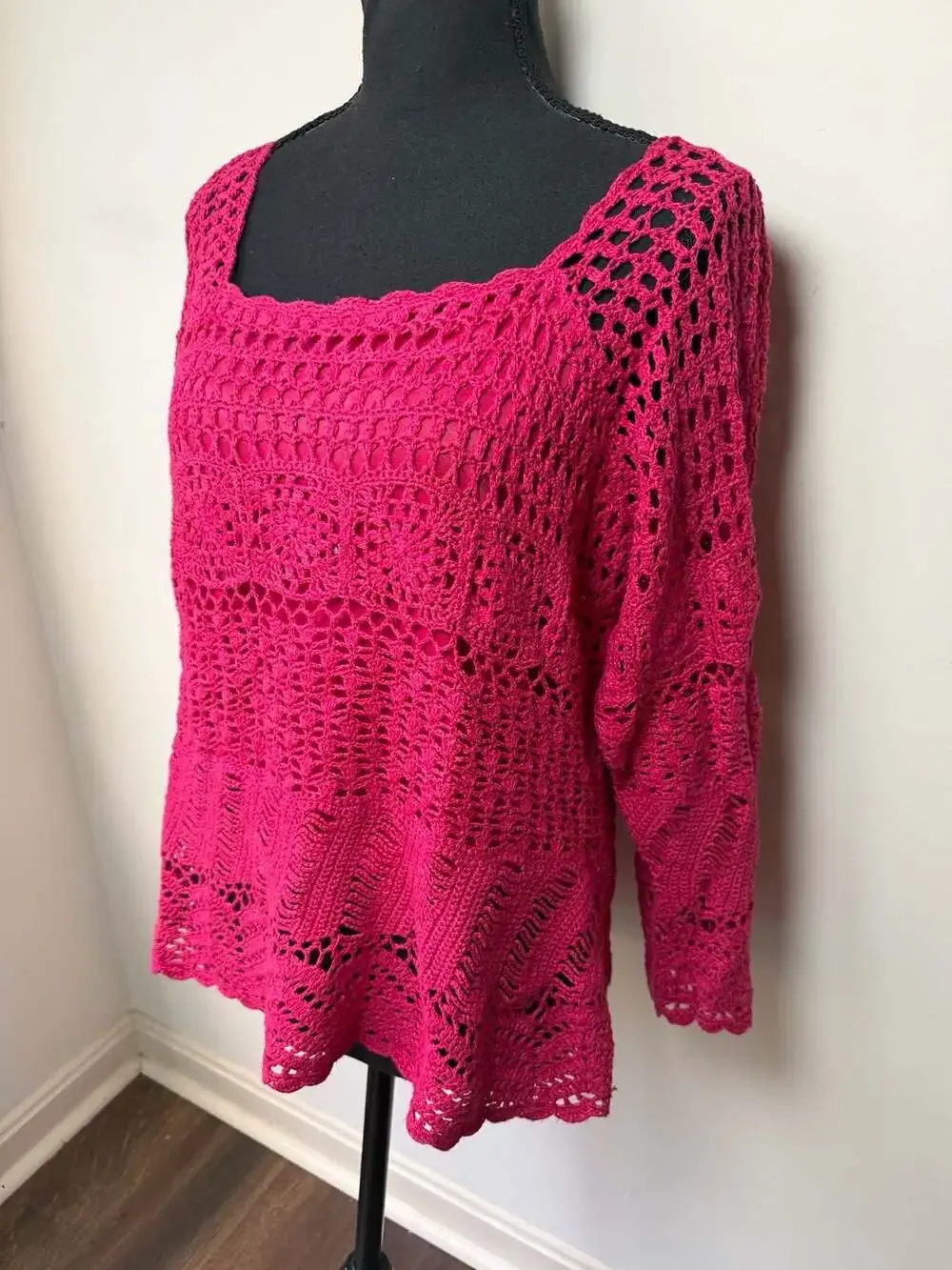 Skye's the Limit Fuchsia Crochet Long Sleeve Scoop Neck Top